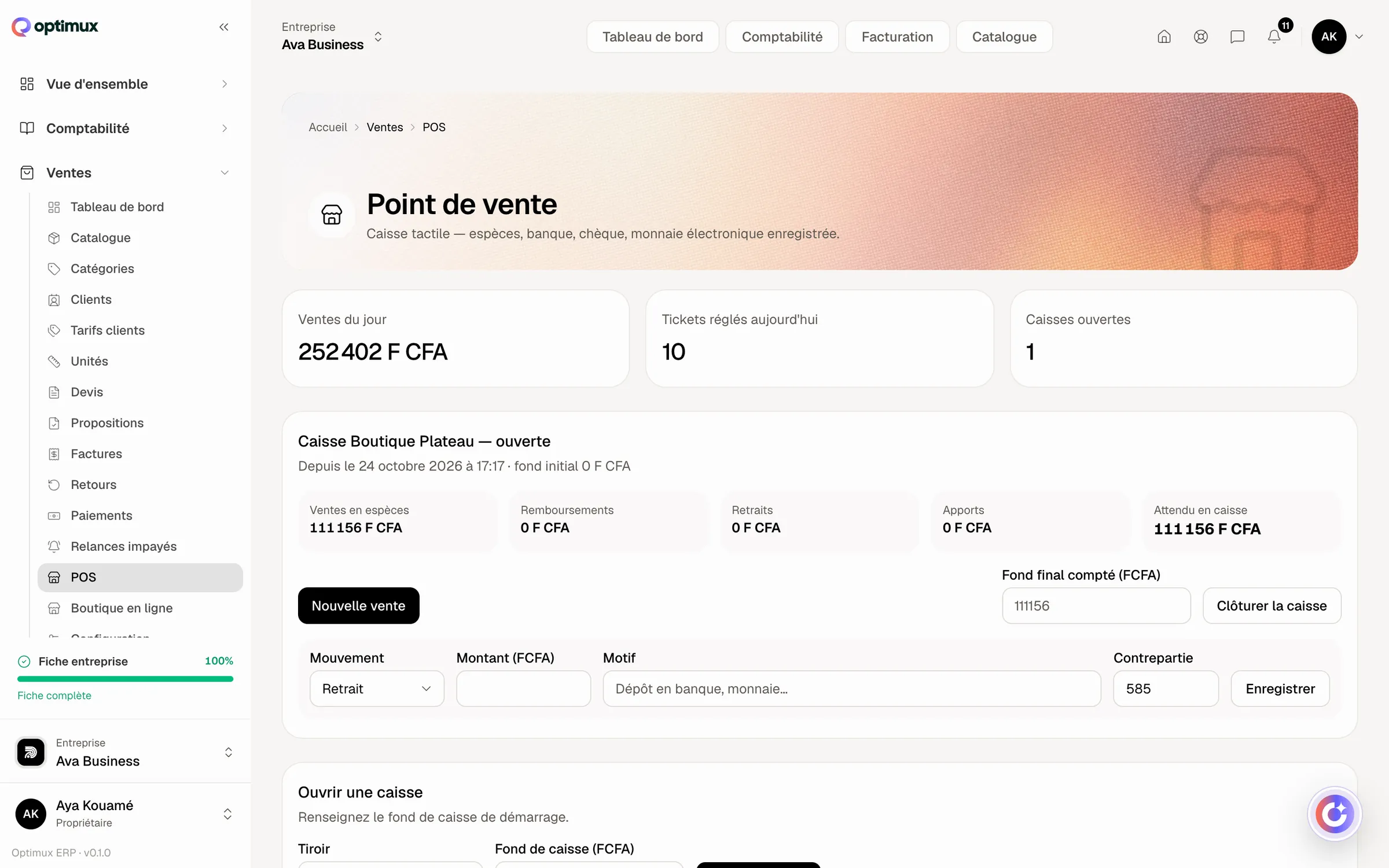 POS dans Optimux ERP, sur un compte de démonstration