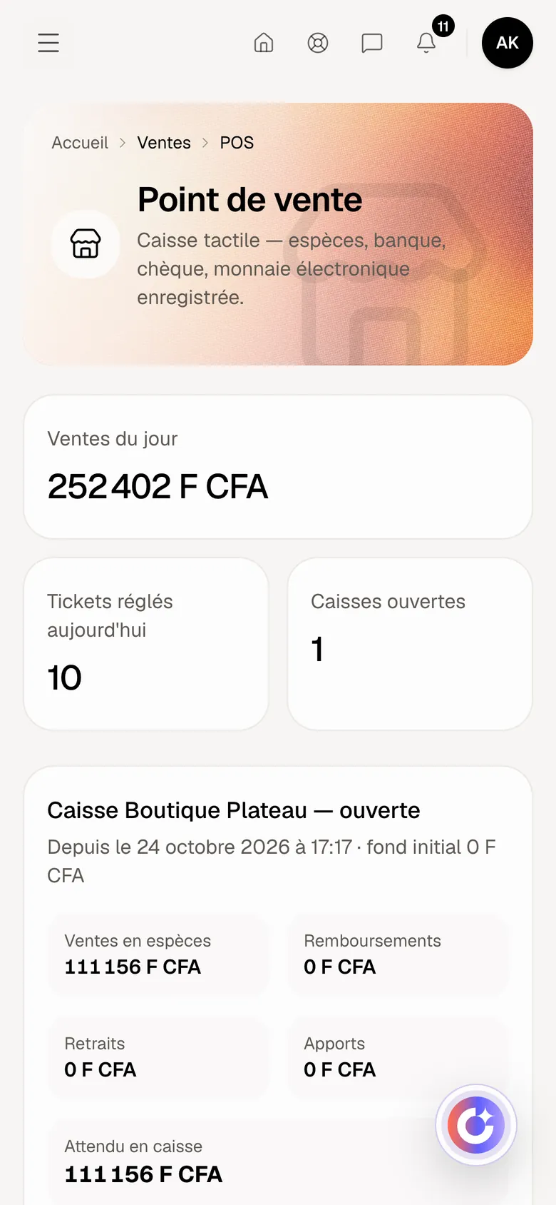POS dans Optimux ERP, sur un compte de démonstration