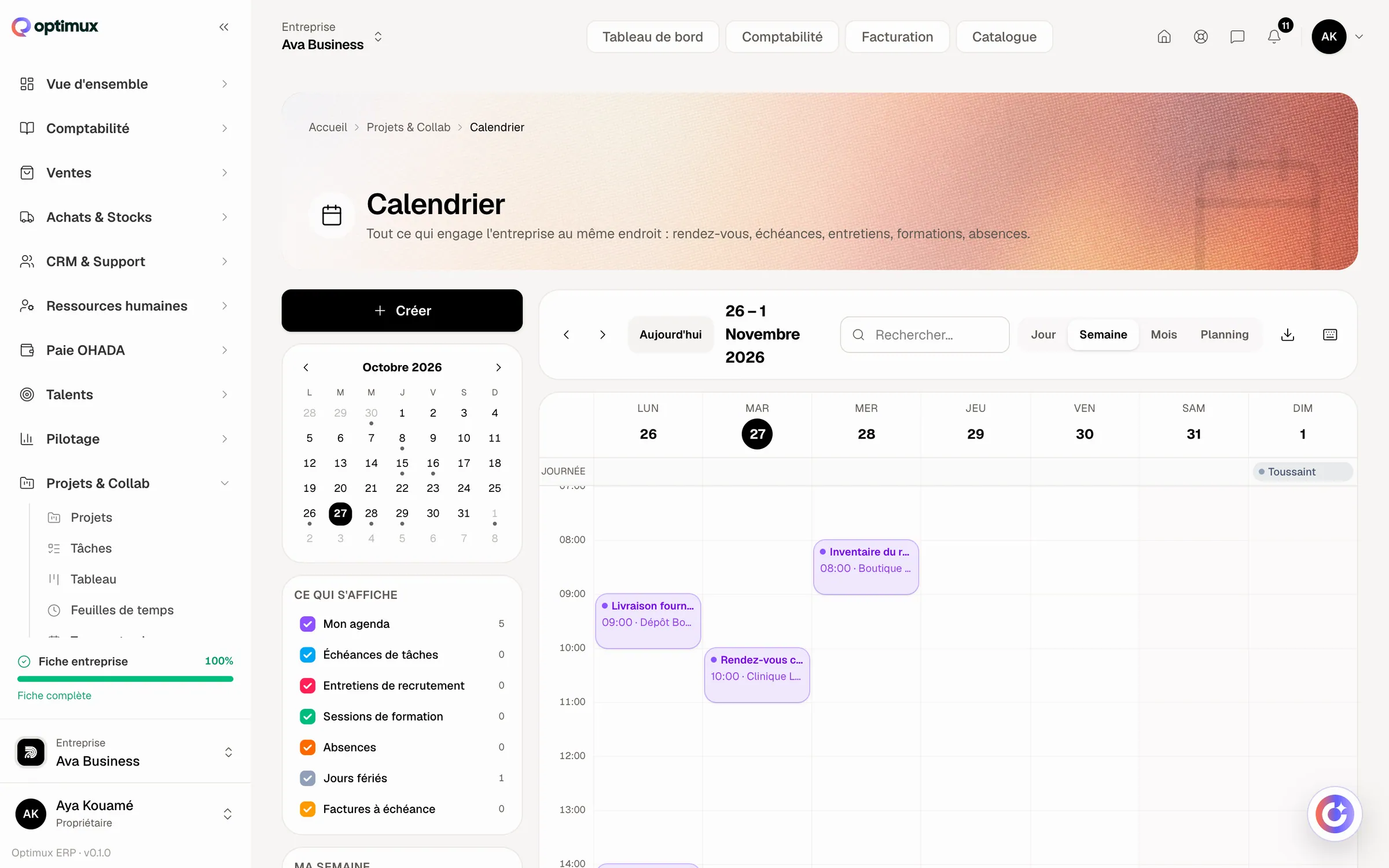 Calendrier dans Optimux ERP, sur un compte de démonstration
