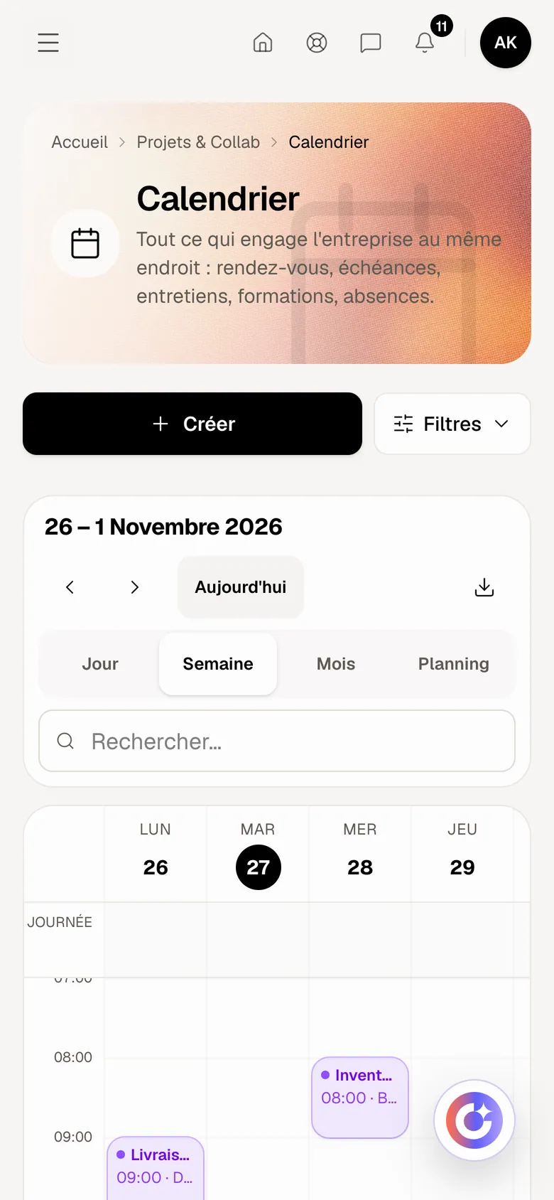 Calendrier dans Optimux ERP, sur un compte de démonstration