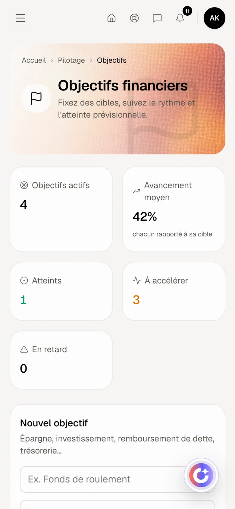 Objectifs dans Optimux ERP, sur un compte de démonstration