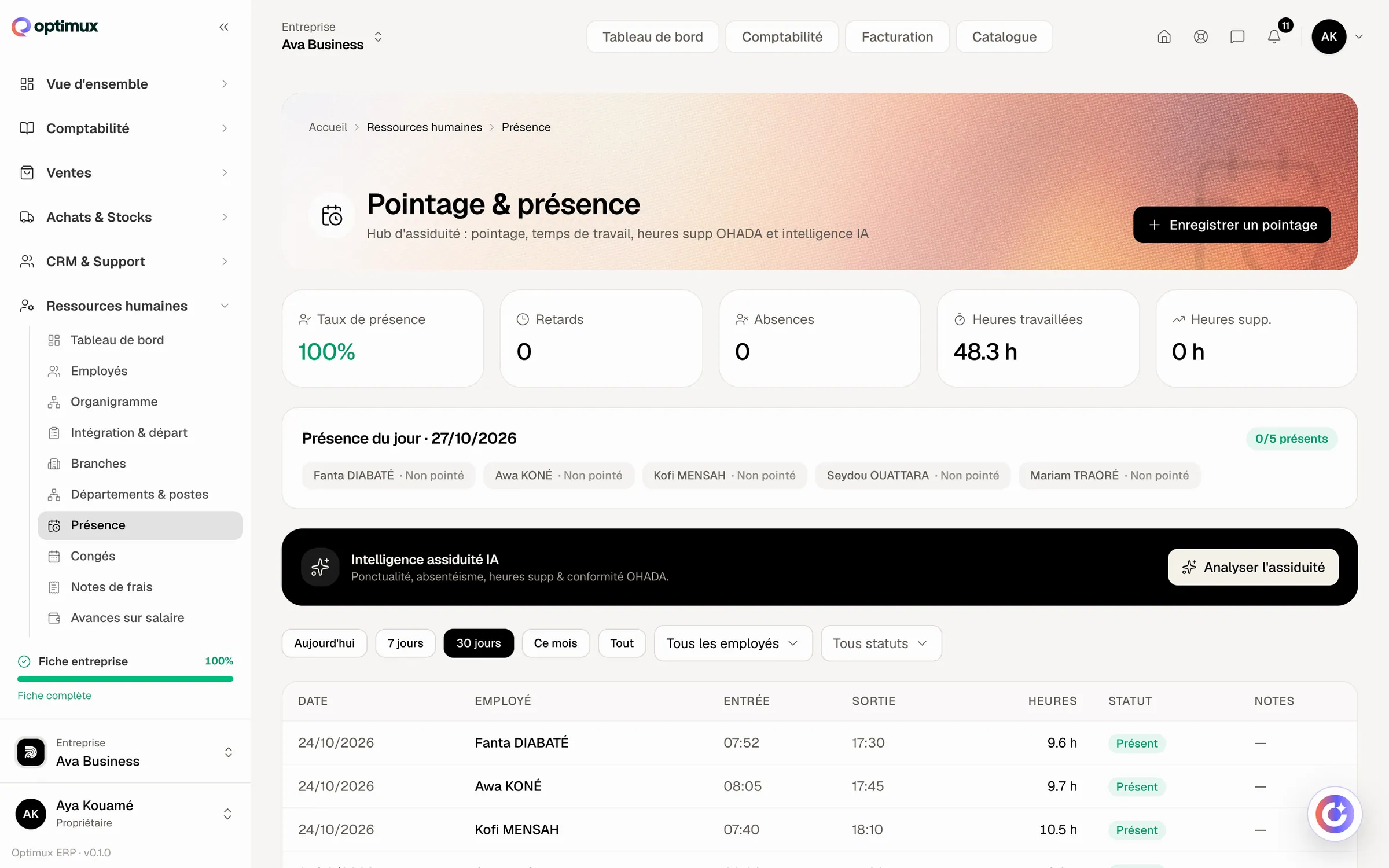 RH dans Optimux ERP, sur un compte de démonstration