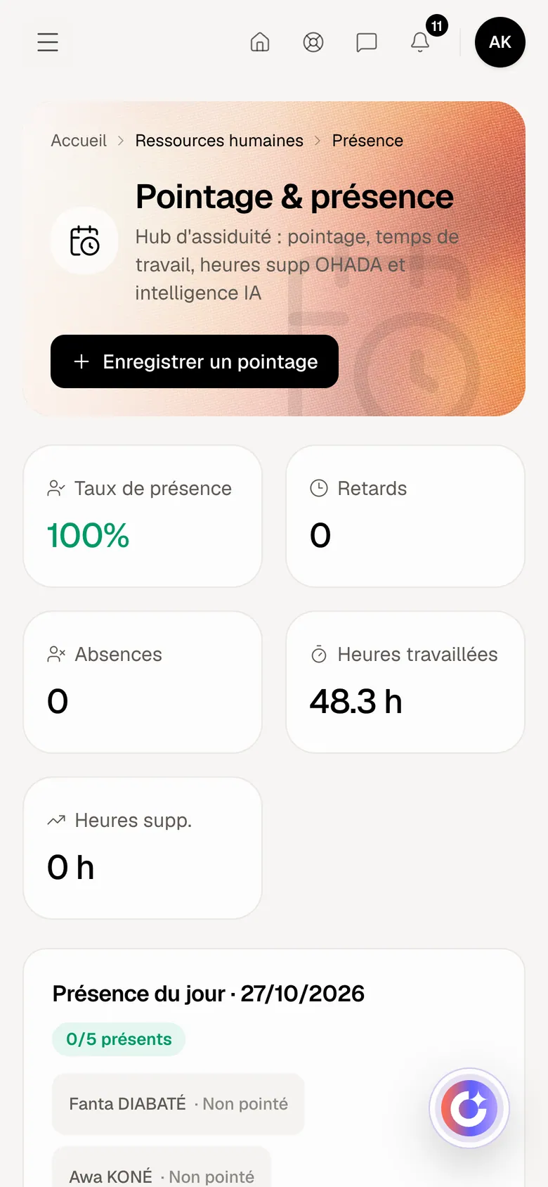 RH dans Optimux ERP, sur un compte de démonstration