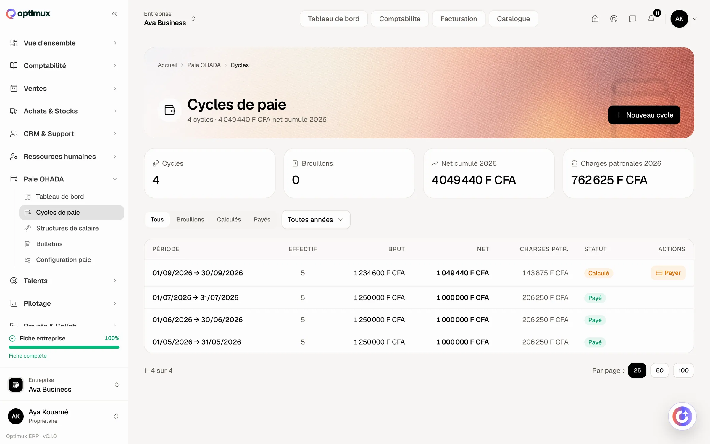 Paie OHADA dans Optimux ERP, sur un compte de démonstration