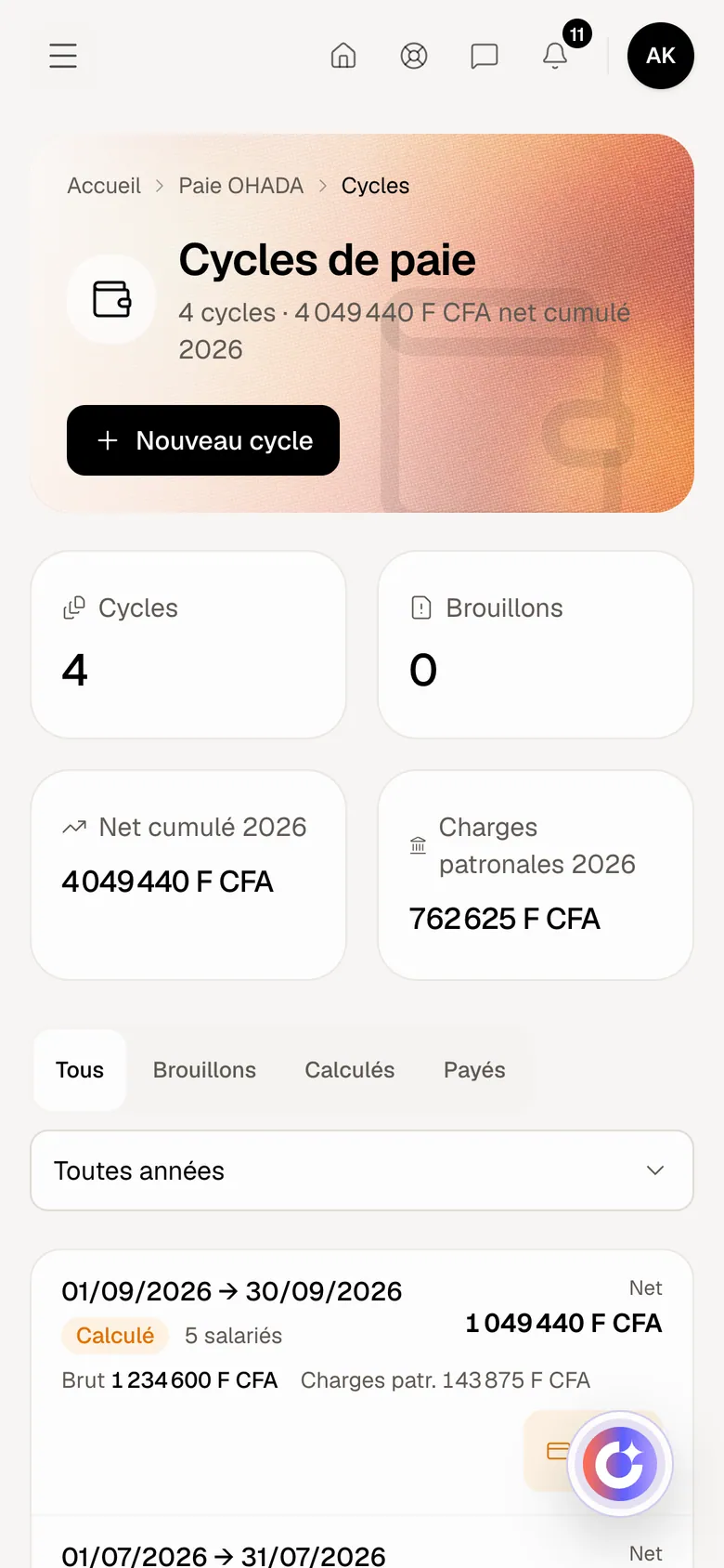 Paie OHADA dans Optimux ERP, sur un compte de démonstration