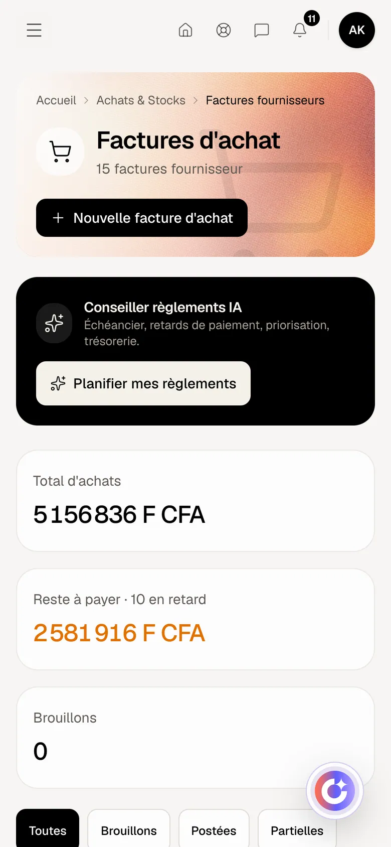 Achats dans Optimux ERP, sur un compte de démonstration