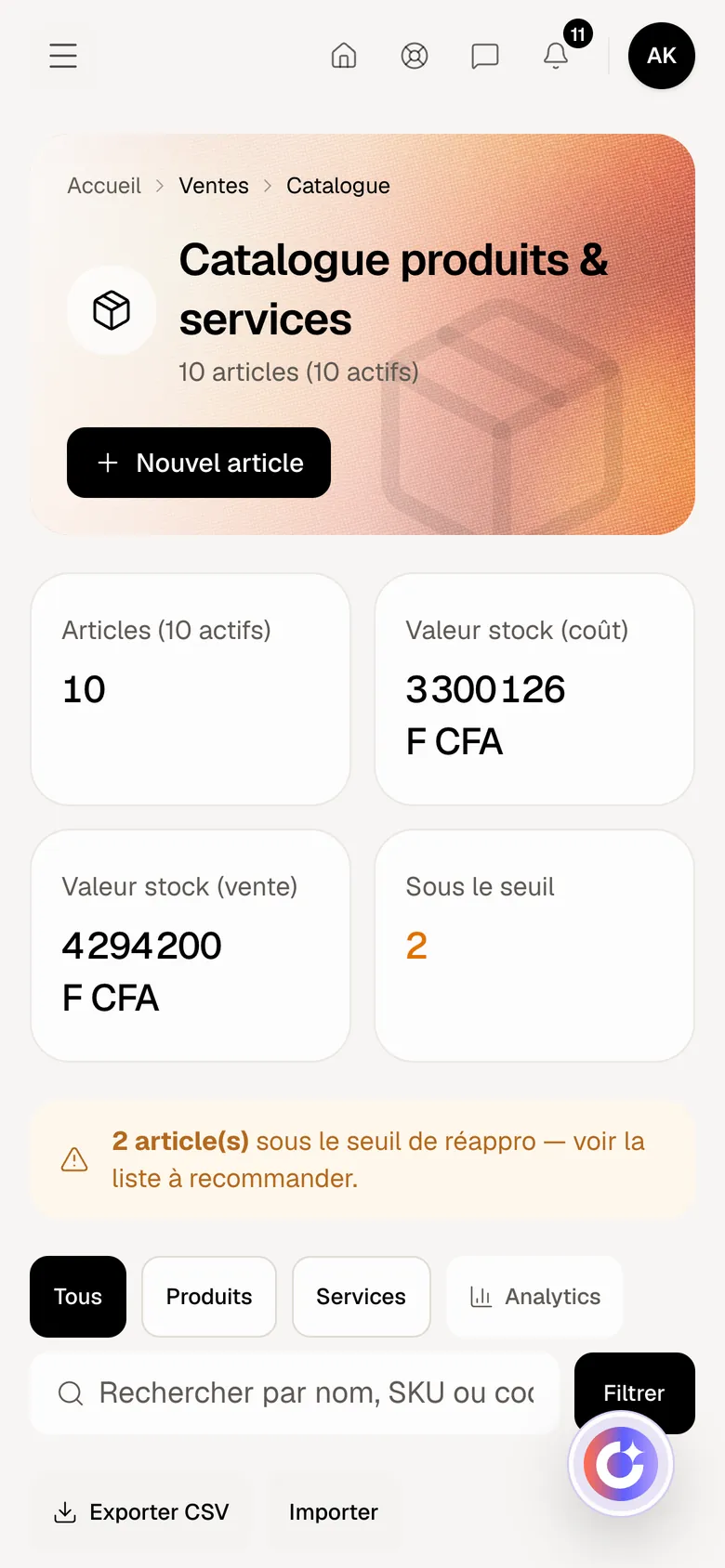 Catalogue dans Optimux ERP, sur un compte de démonstration