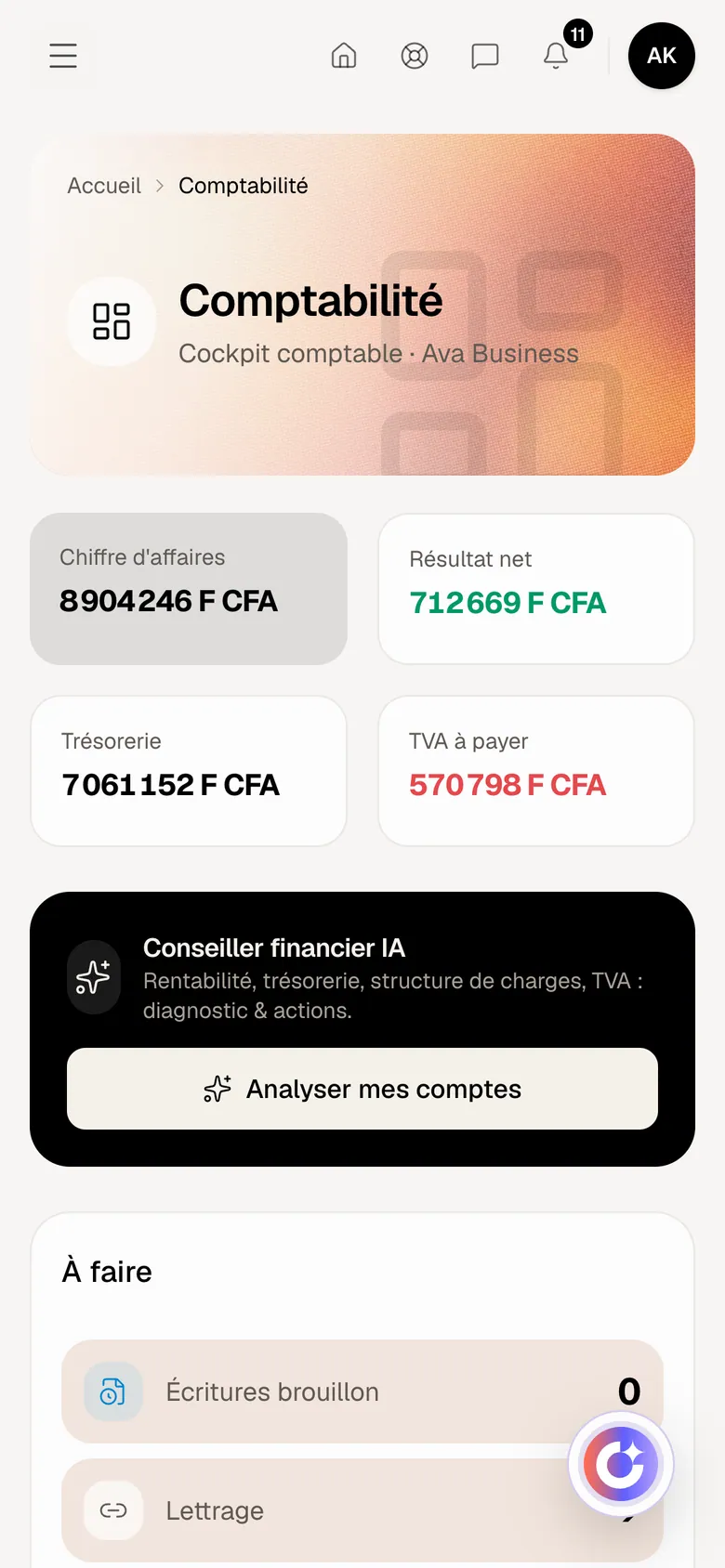 Comptabilité dans Optimux ERP, sur un compte de démonstration