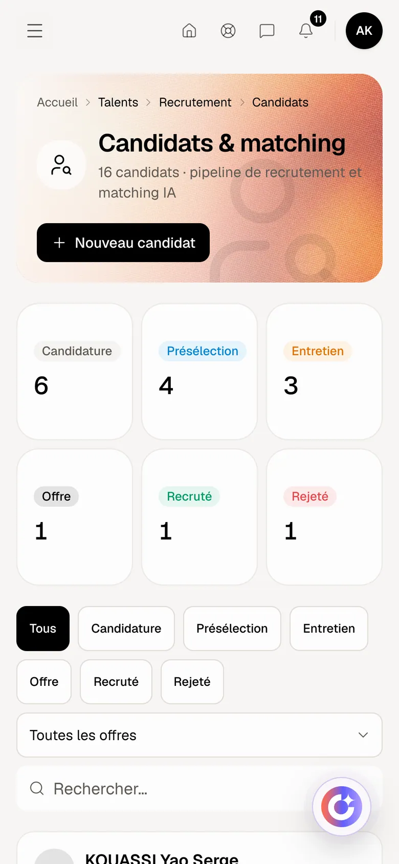 Recrutement dans Optimux ERP, sur un compte de démonstration