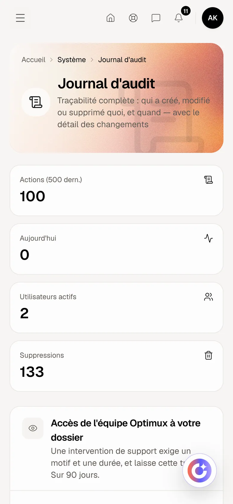 Journal d'audit dans Optimux ERP, sur un compte de démonstration