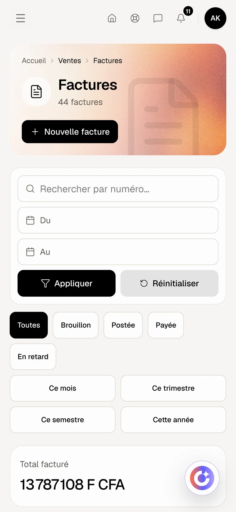 Facturation dans Optimux ERP, sur un compte de démonstration