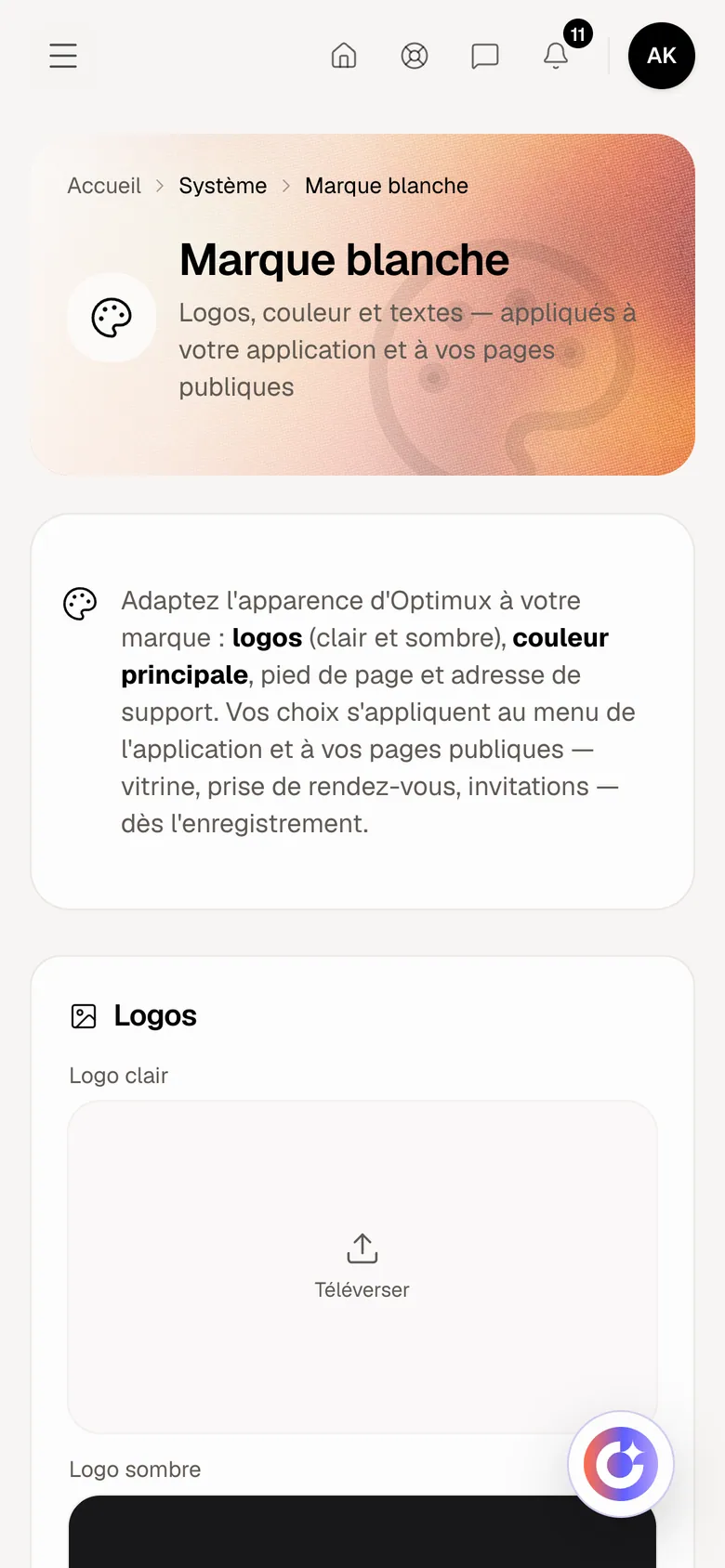 Marque blanche dans Optimux ERP, sur un compte de démonstration