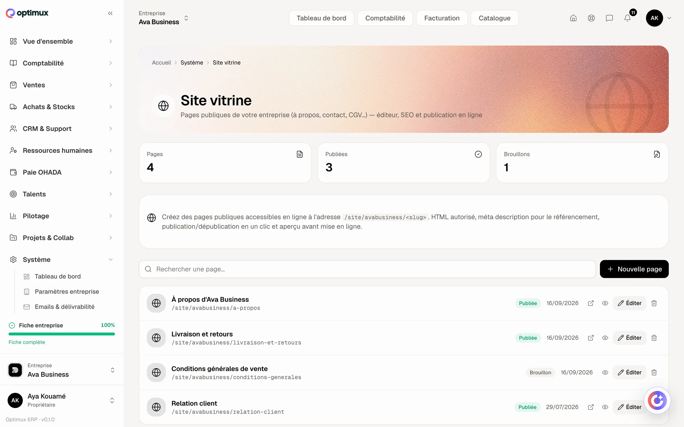 CMS / Vitrine : Écrit depuis l'application