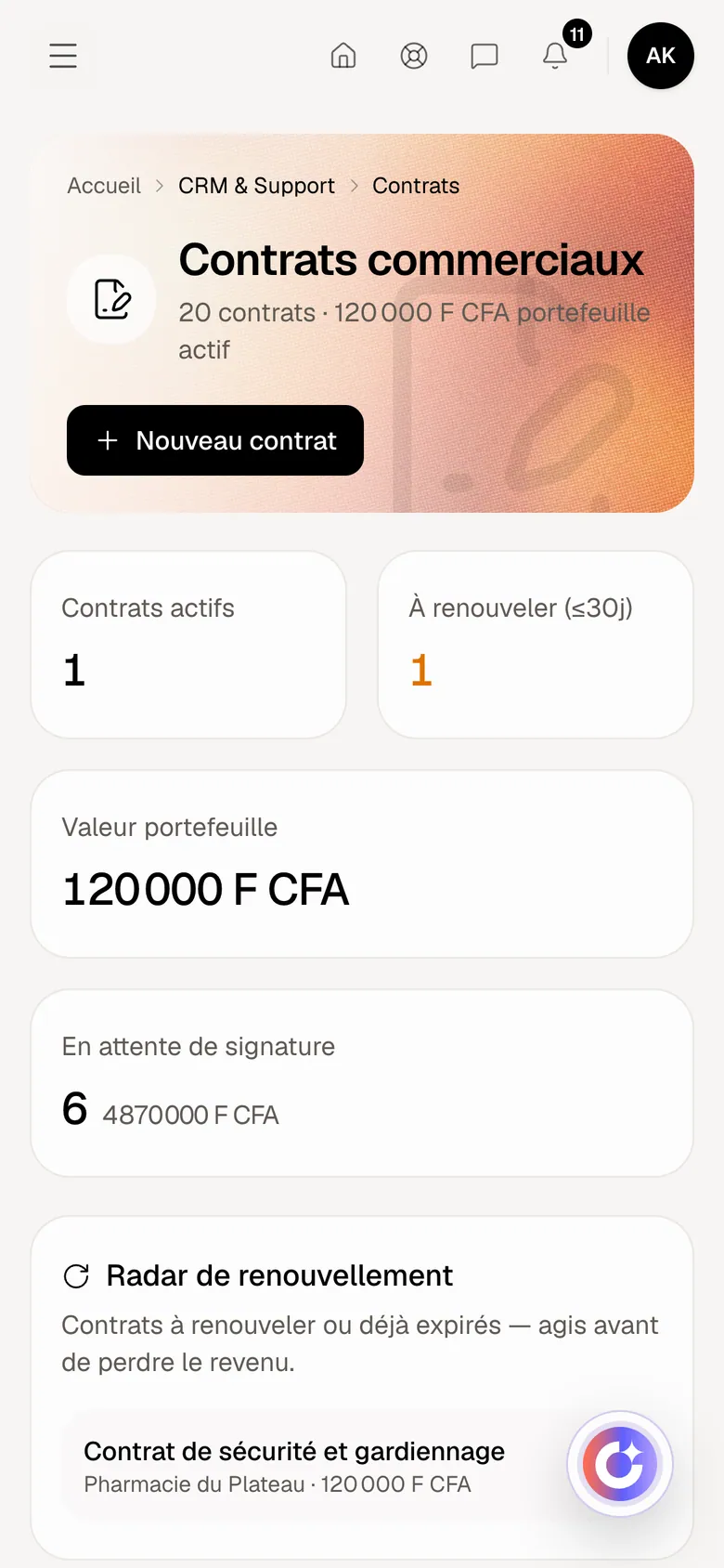 Contrats dans Optimux ERP, sur un compte de démonstration