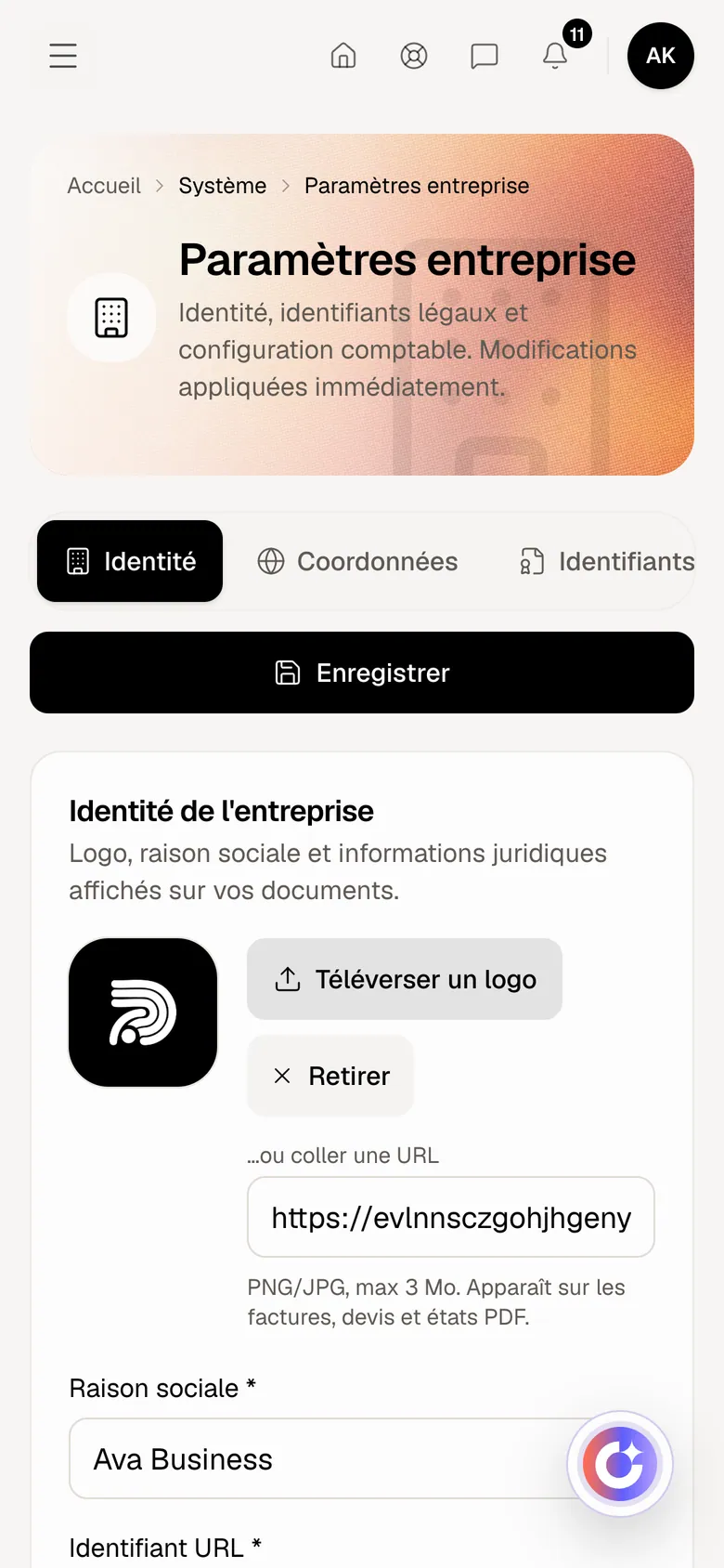 Socle dans Optimux ERP, sur un compte de démonstration