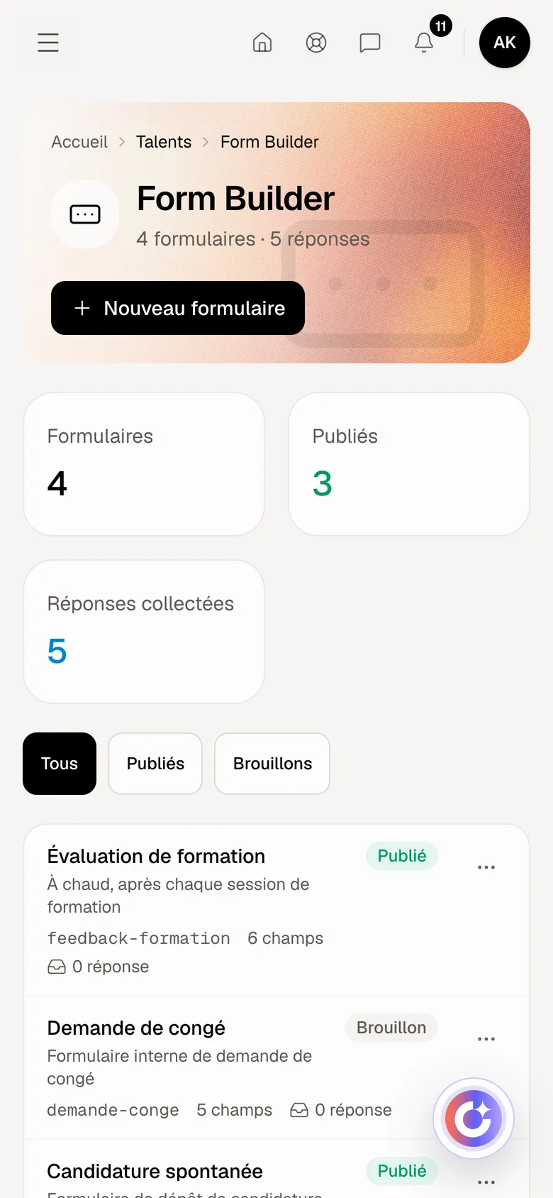 Form Builder dans Optimux ERP, sur un compte de démonstration