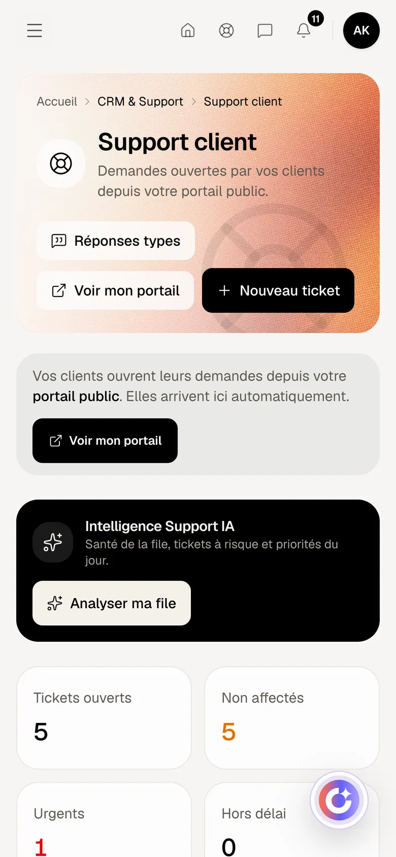 Support dans Optimux ERP, sur un compte de démonstration
