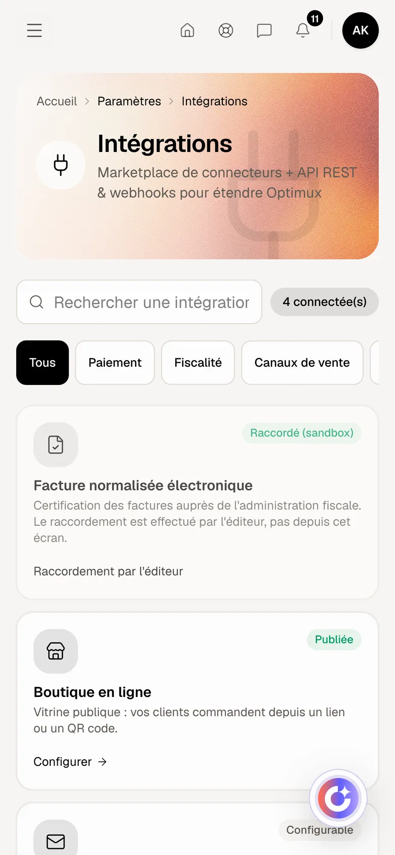 Connexions dans Optimux ERP, sur un compte de démonstration