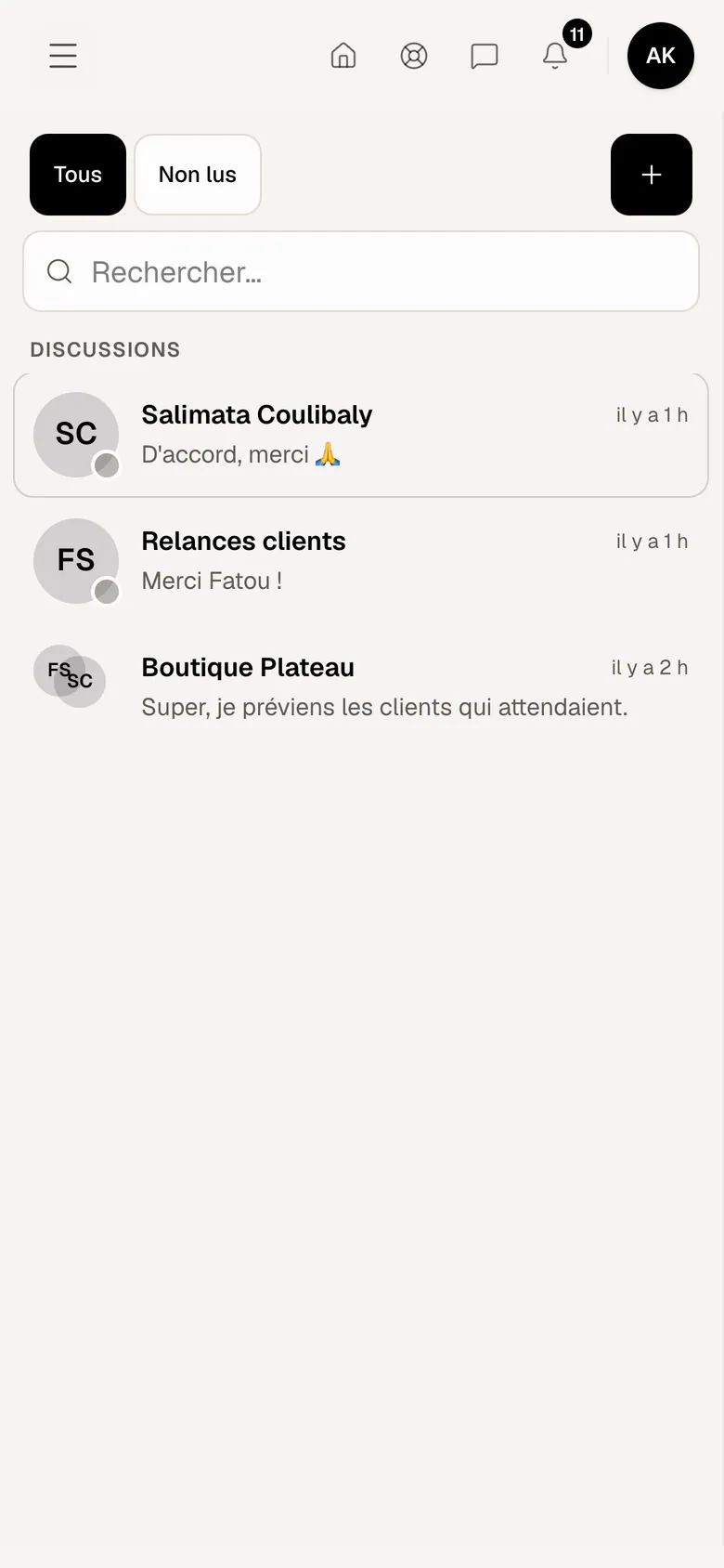 Messenger dans Optimux ERP, sur un compte de démonstration