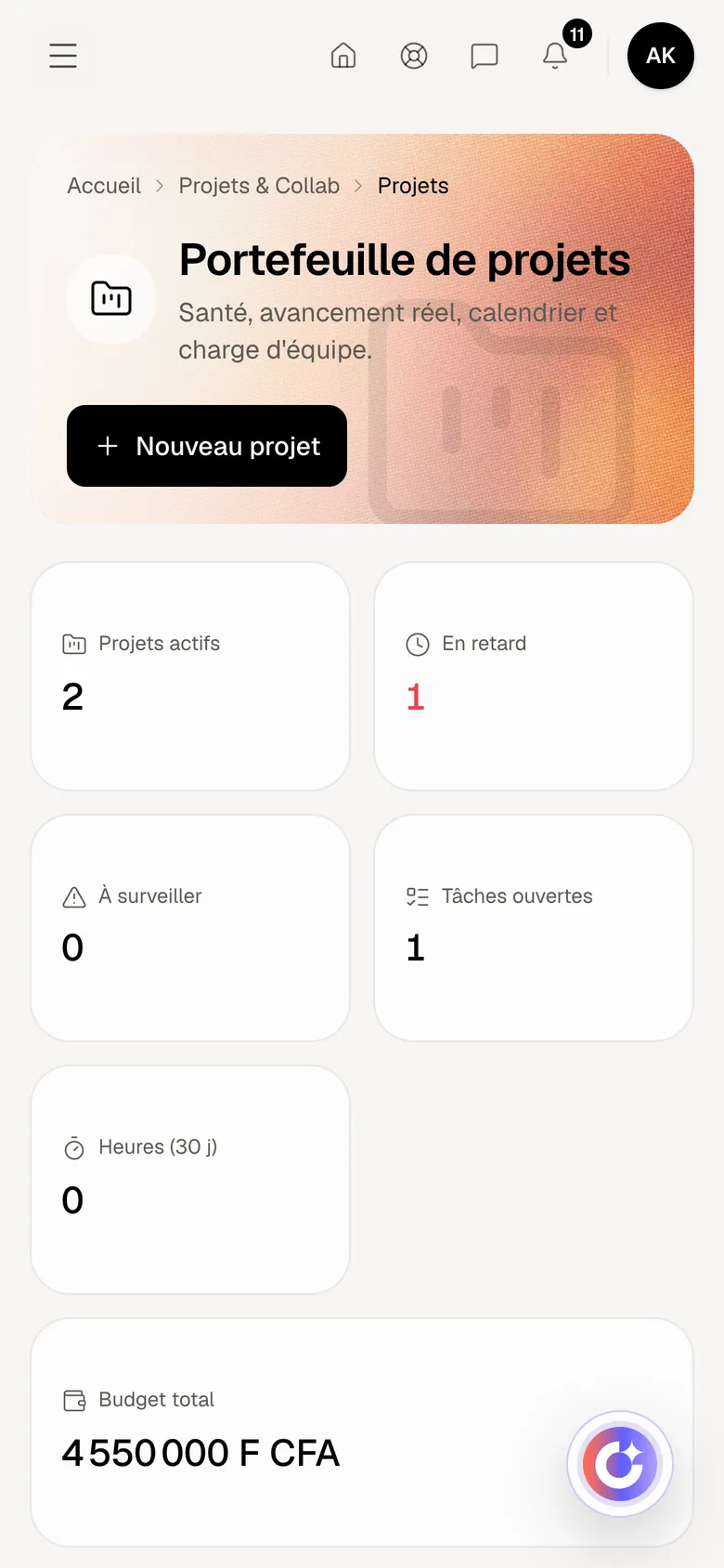 Projets dans Optimux ERP, sur un compte de démonstration