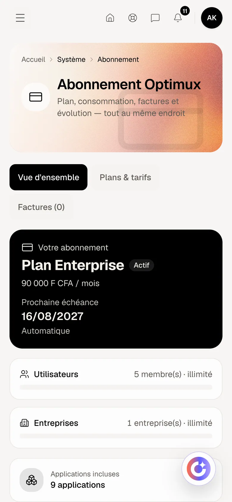 Abonnement dans Optimux ERP, sur un compte de démonstration