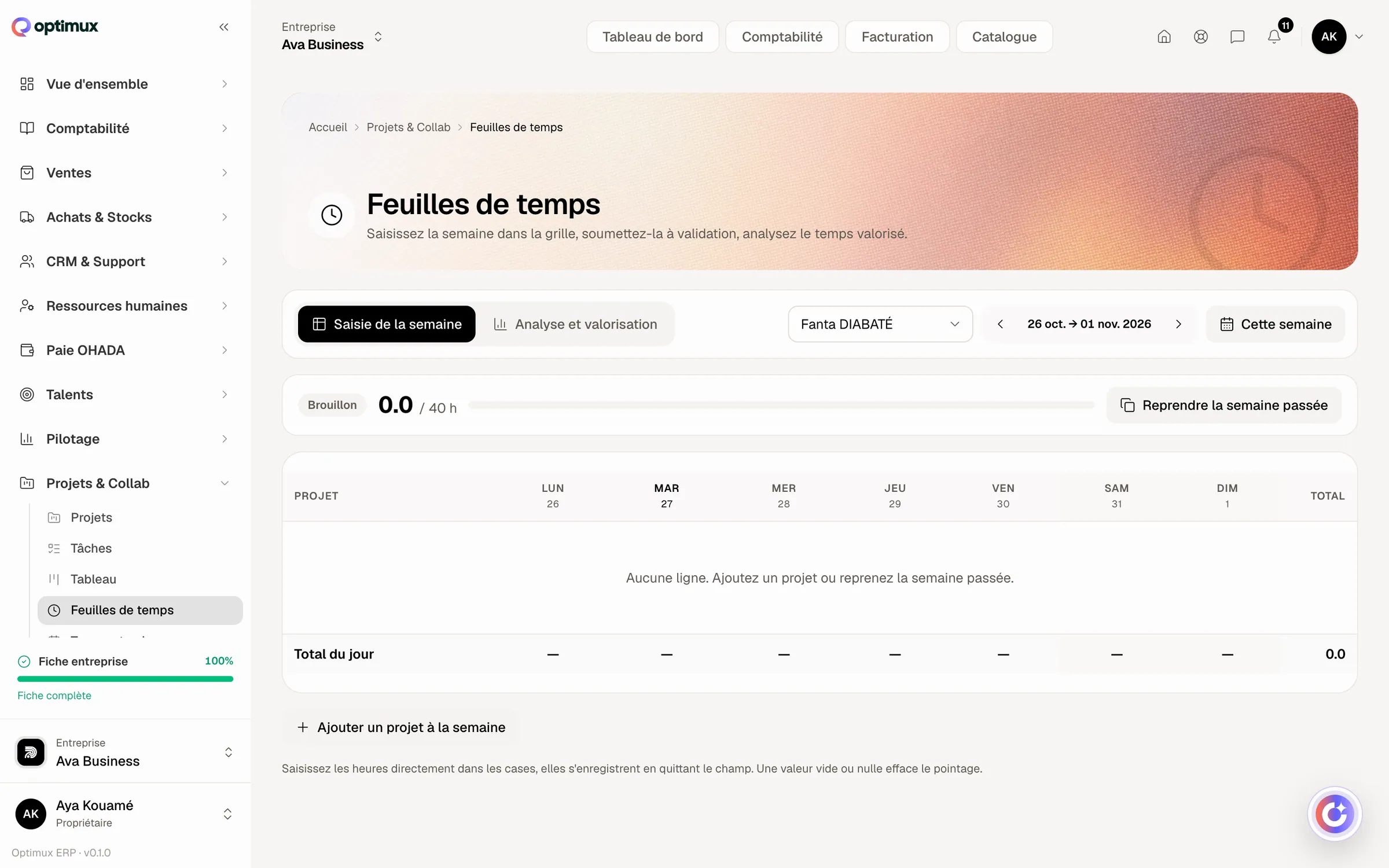 Feuilles de temps : Déclaré par projet