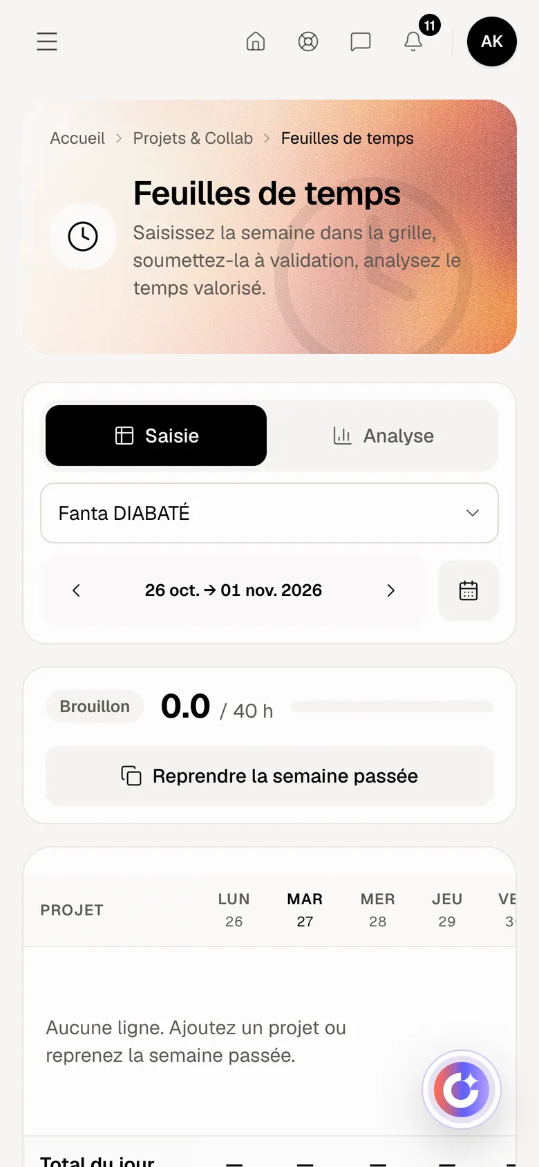 Feuilles de temps dans Optimux ERP, sur un compte de démonstration