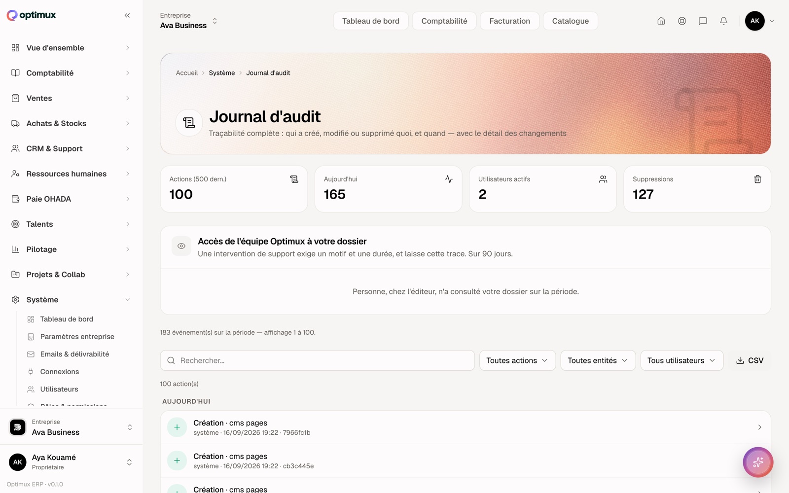 Le journal : compteurs, filtres, et la liste des actions du jour avec leur auteur.