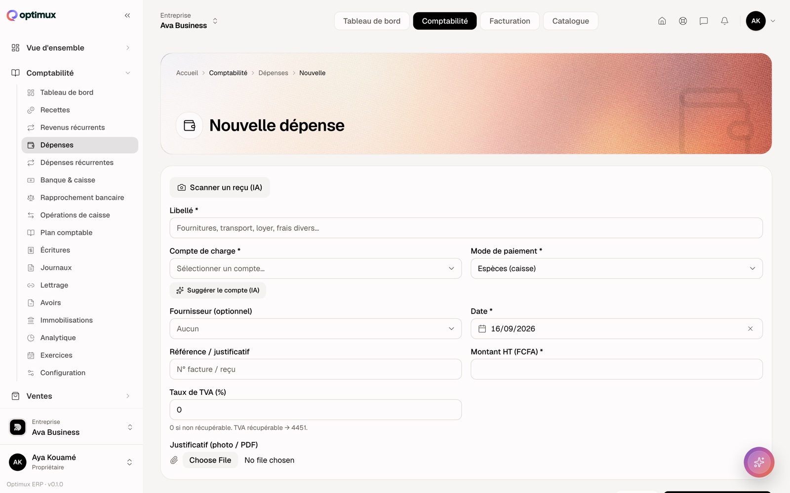 L'écran « Nouvelle dépense » : le libellé, le compte de charge et le montant.