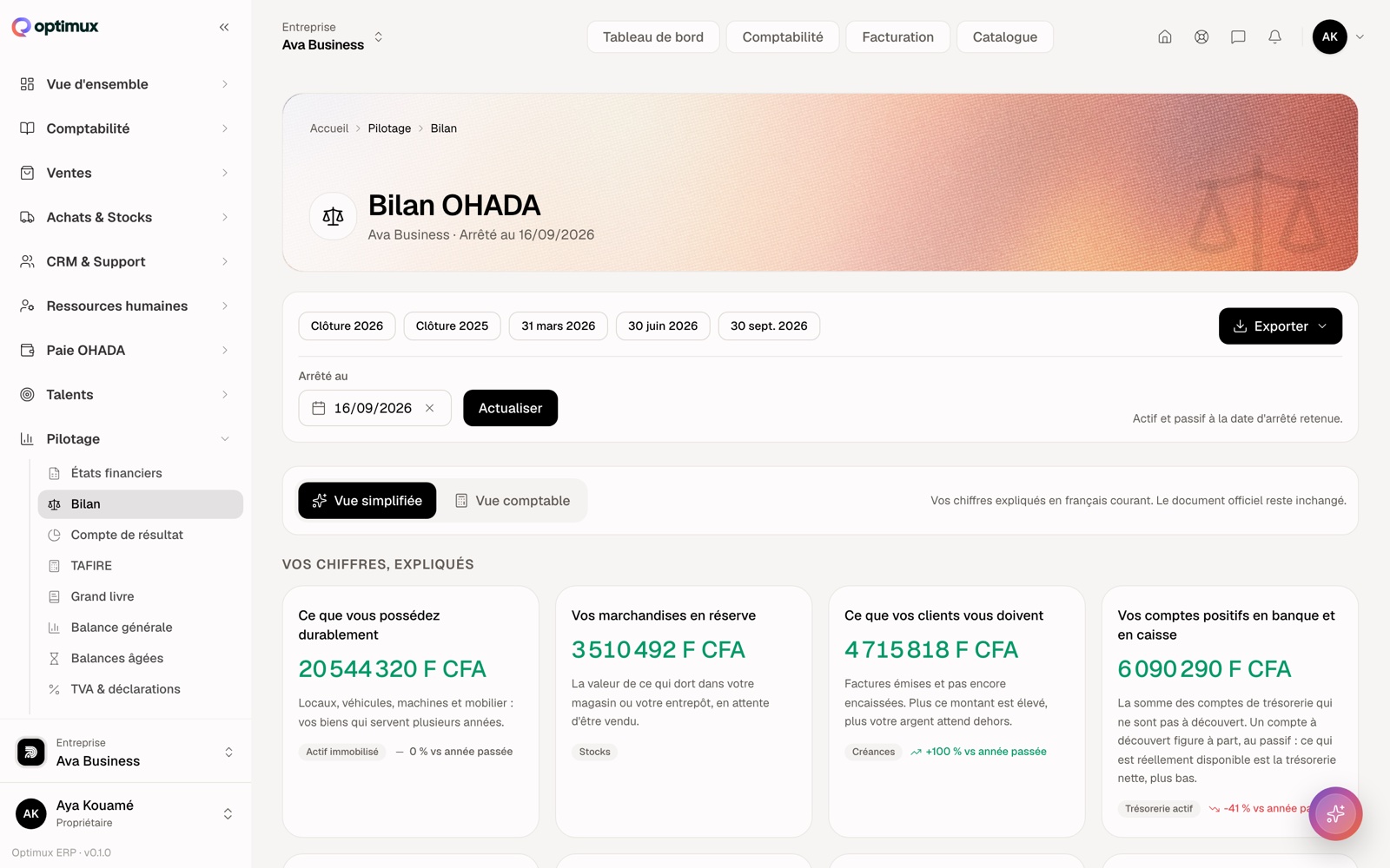Le bilan OHADA en vue simplifiée : chaque masse expliquée en une phrase, avec la comparaison à l'année passée.