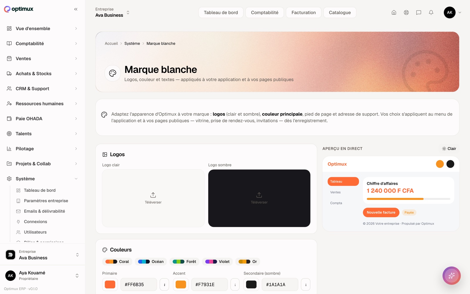 L'atelier de marque : logos, palette et aperçu en direct.