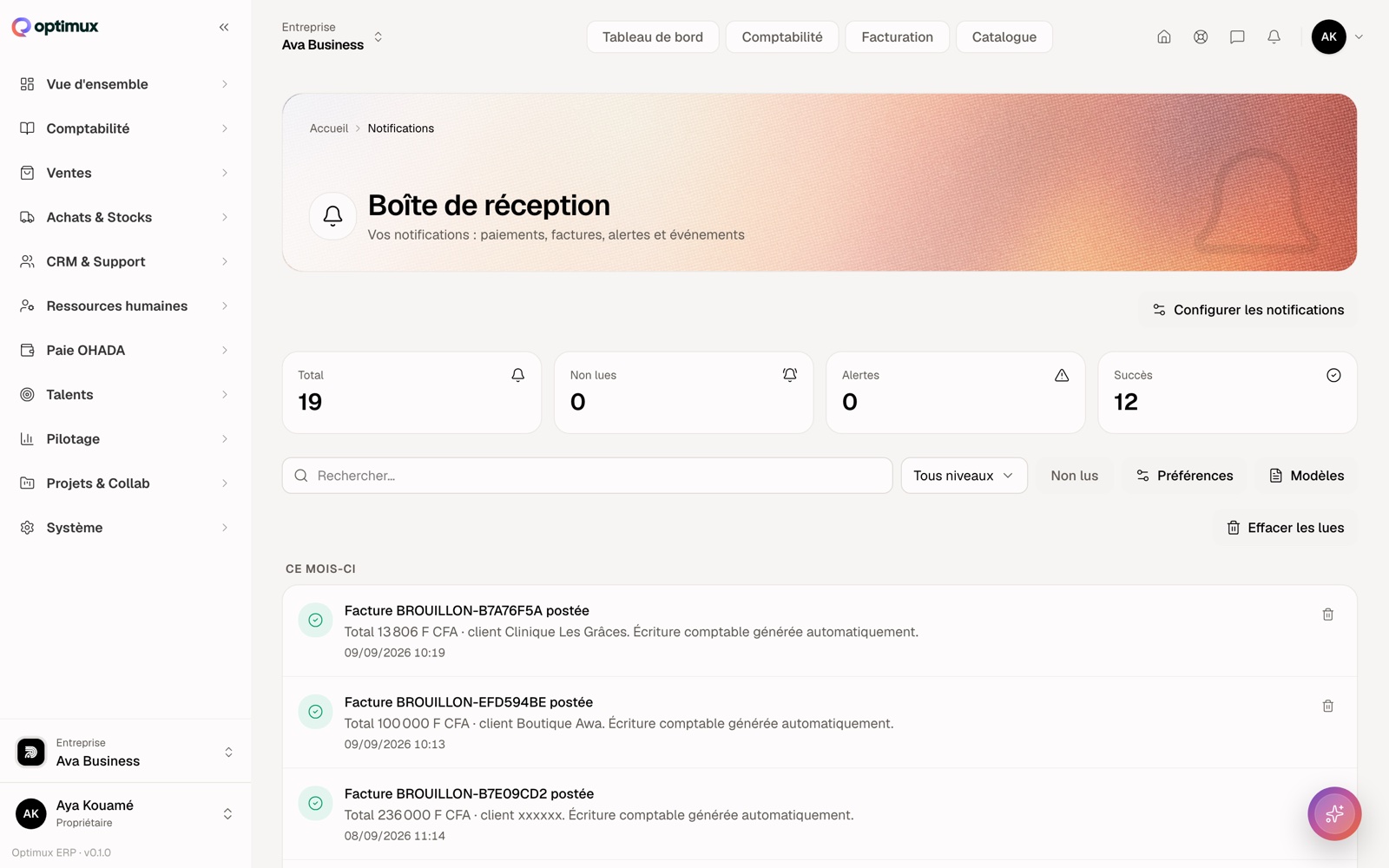 La boîte de réception : chaque événement avec son niveau et son lien vers la pièce.