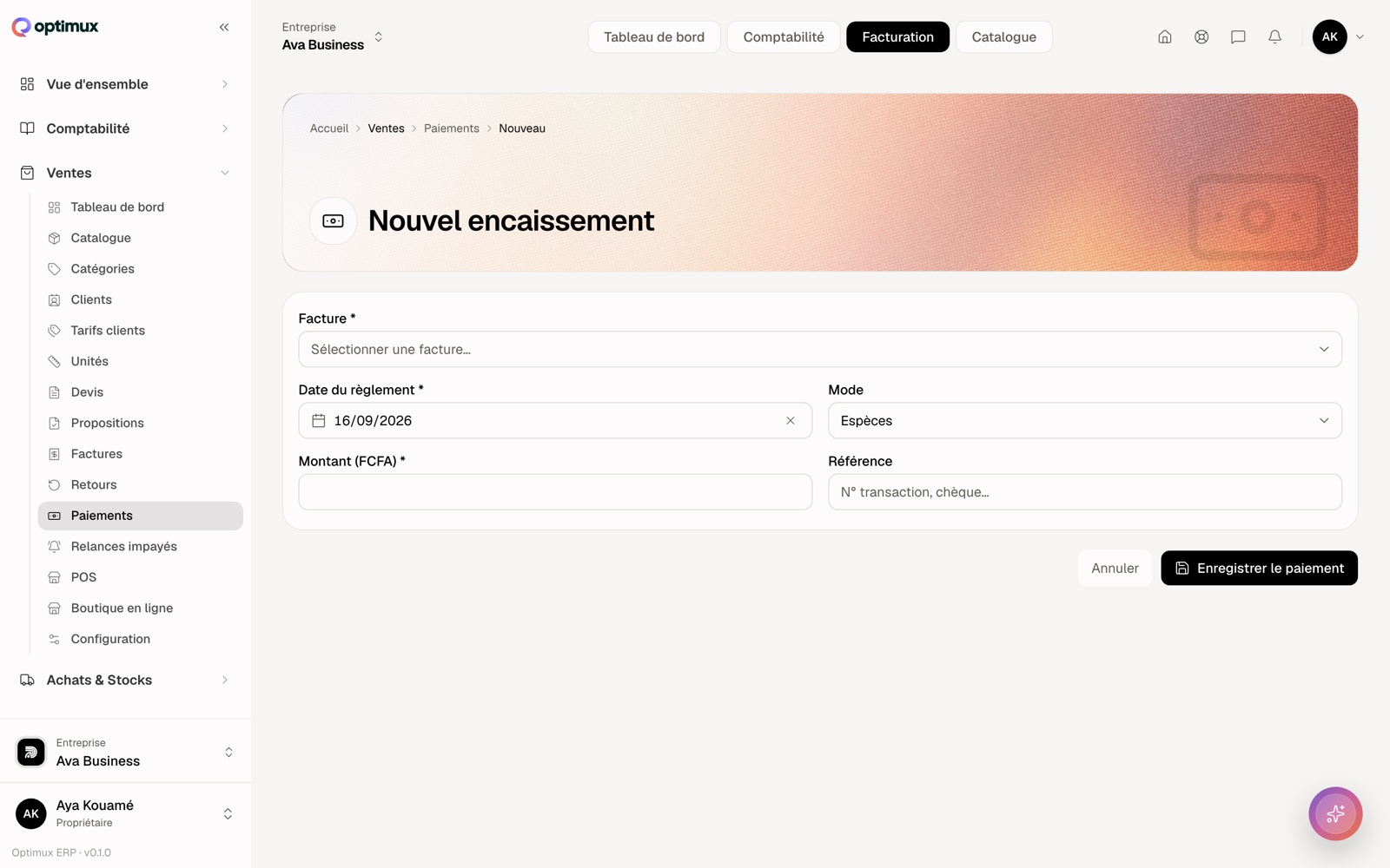 Le formulaire d'encaissement : la facture, la date, le mode et le montant.