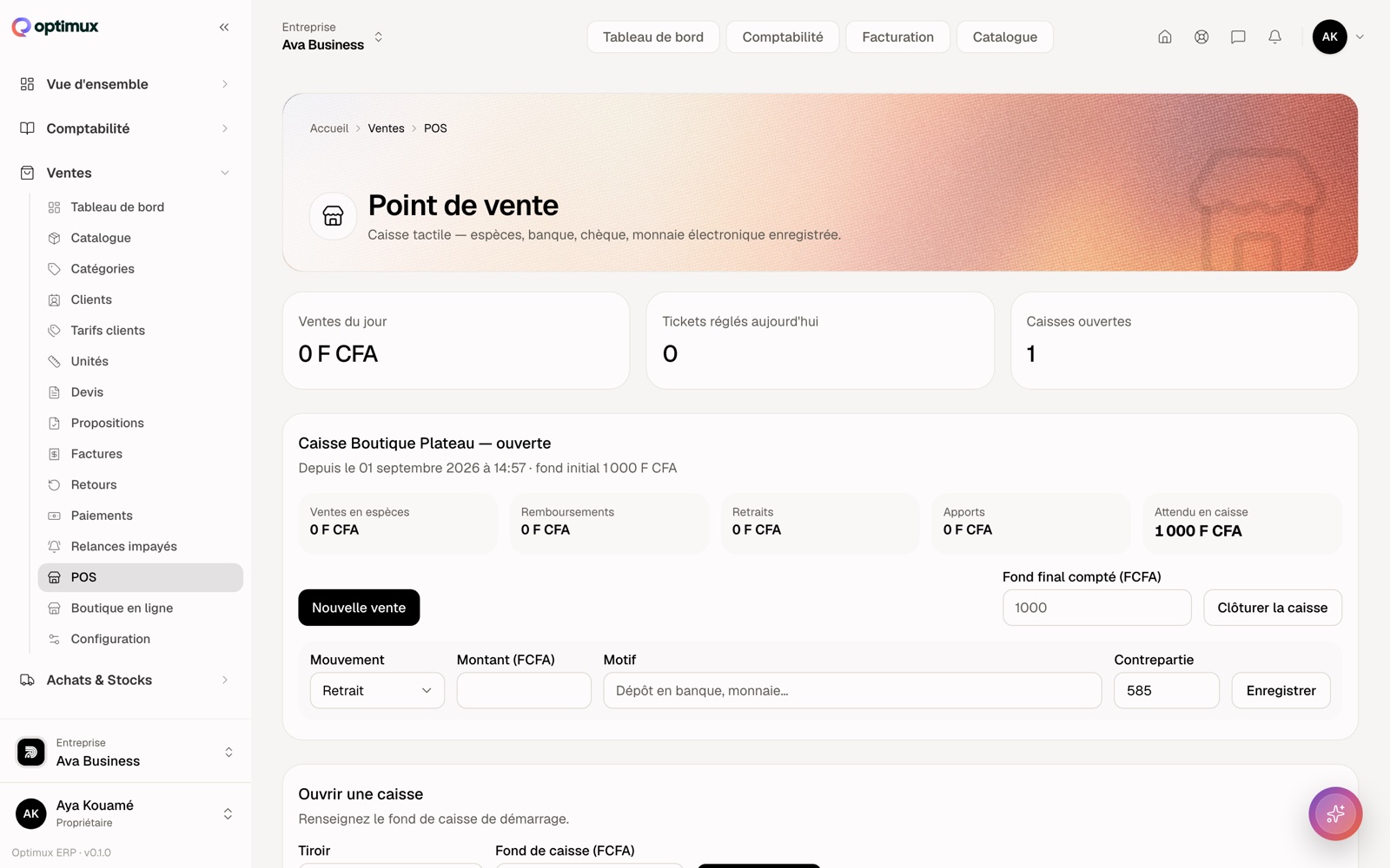 La caisse ouverte : le fond initial, le suivi de la journée et le comptage de clôture.