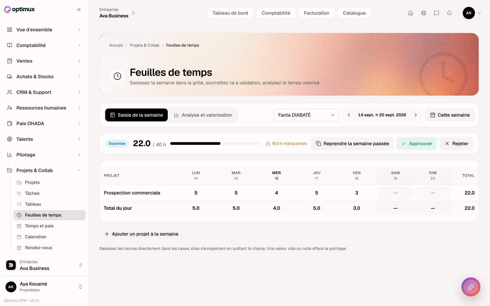 La saisie de la semaine : 22 heures sur 40, et l'écart signalé.